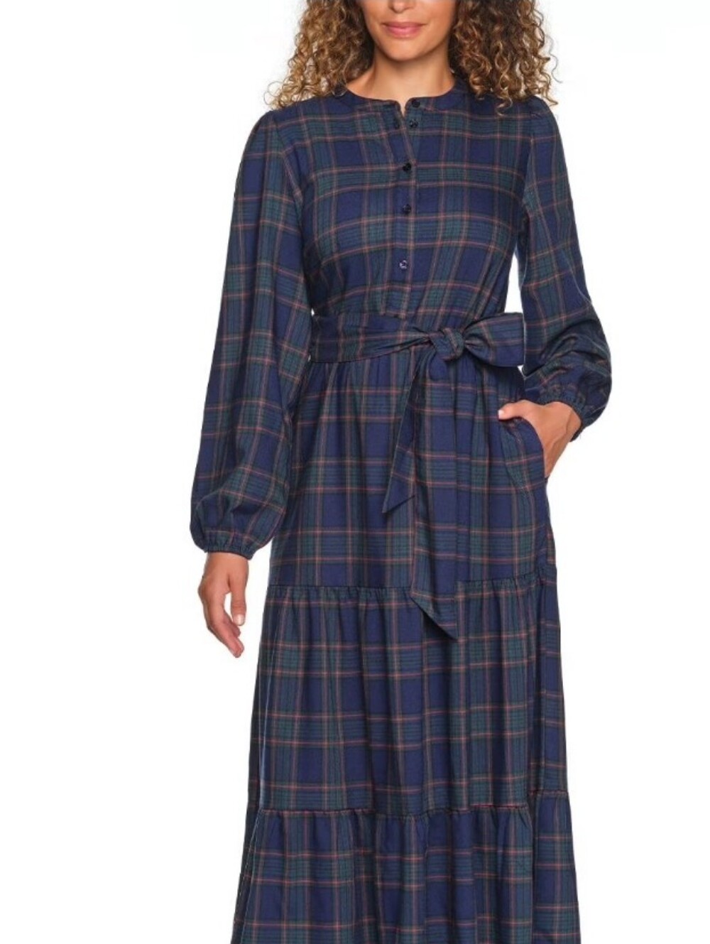 Lands End Flannel Tiered Dress XXL Navy Green Plaid Long Sleeve Maxi Belted NEW